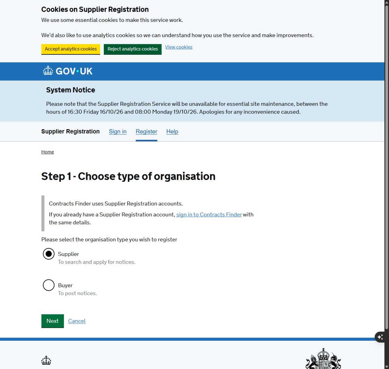 Supplier Registration Service organisation type screen showing Supplier and Buyer choices