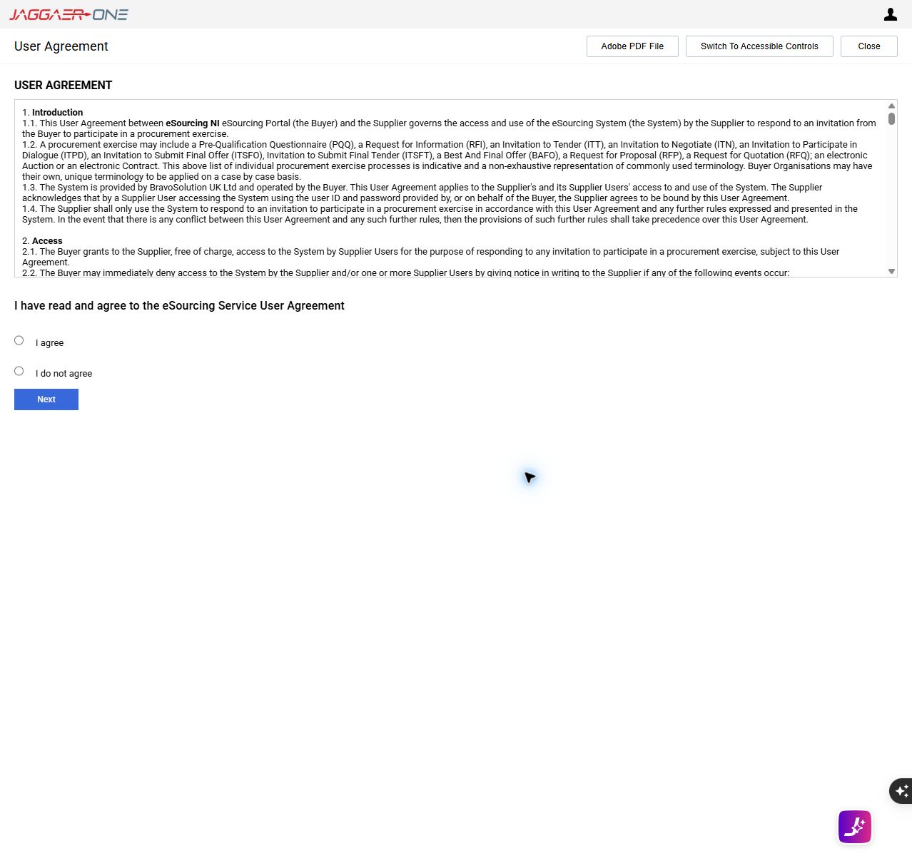 eSourcing NI User Agreement screen with unselected I agree and I do not agree options and a Next button