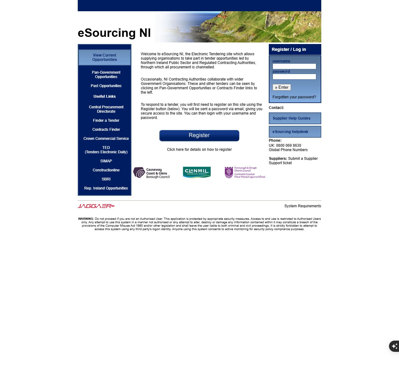 eSourcing NI homepage with Register button, username and password login, and supplier help links