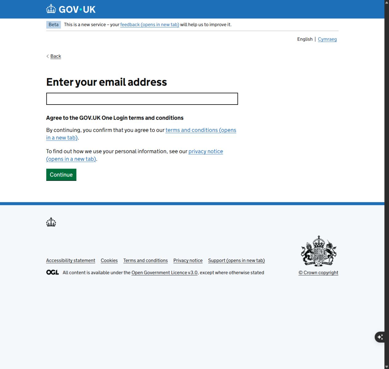 GOV.UK One Login email registration screen with terms information and Continue button