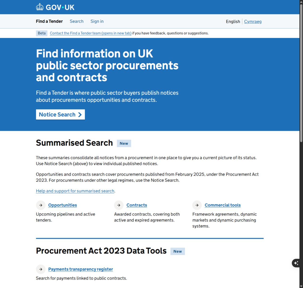 Find a Tender public search page with the Sign in link in its navigation