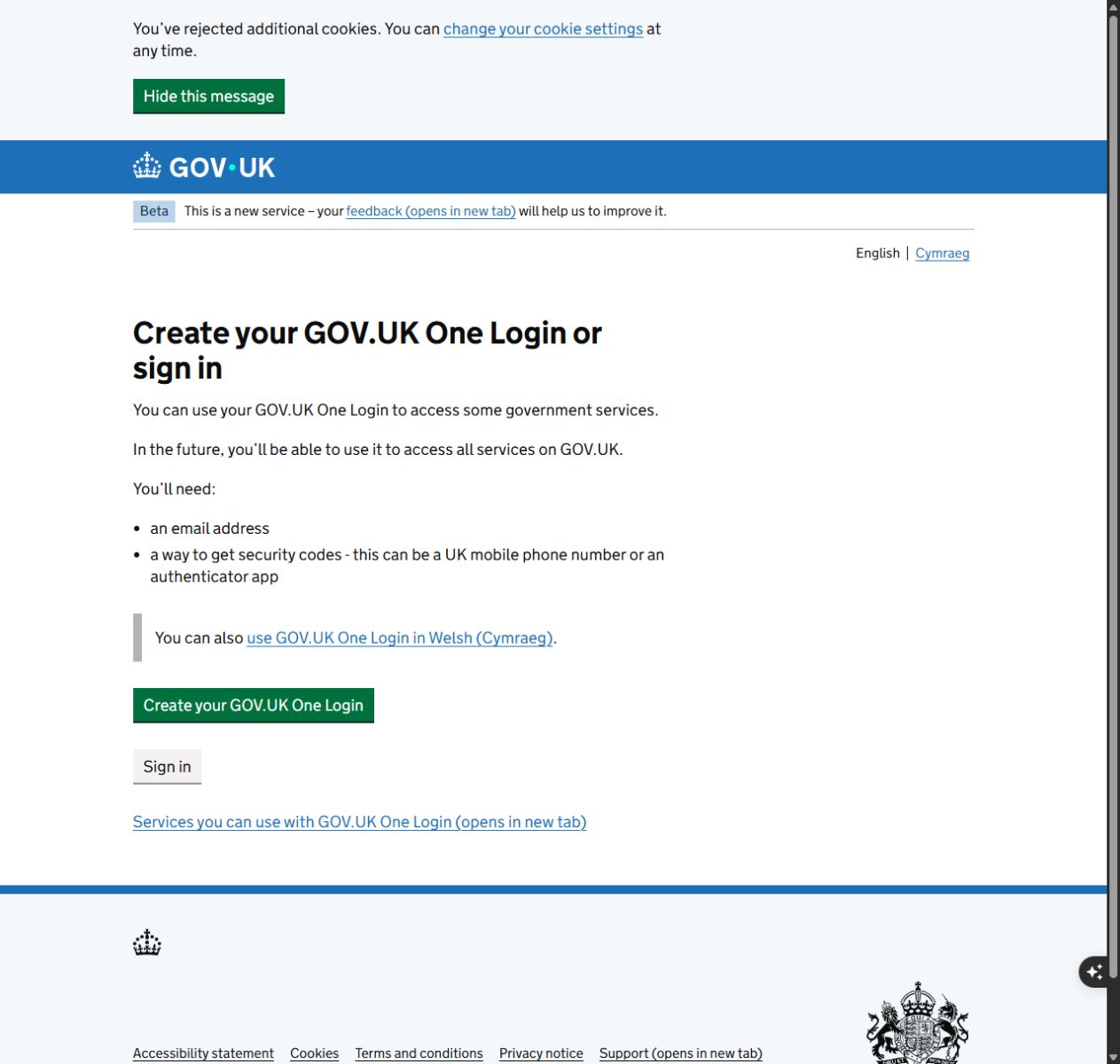 GOV.UK One Login page offering Create your GOV.UK One Login and Sign in