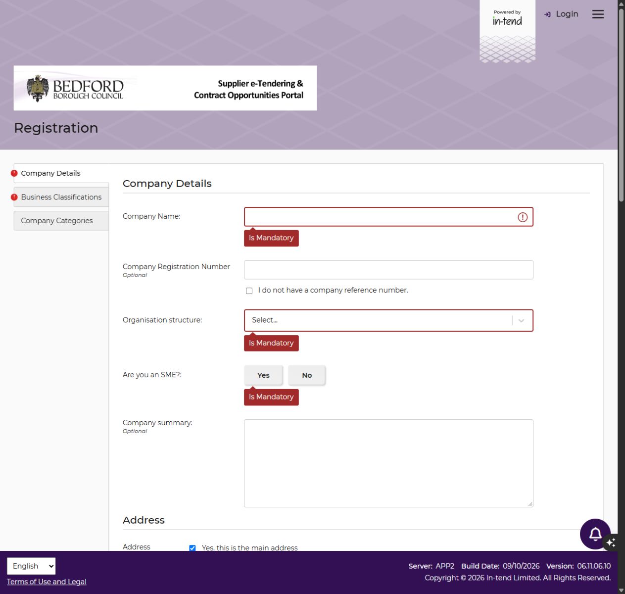 Bedford Borough Council In-Tend registration form showing Company Details and mandatory field markers
