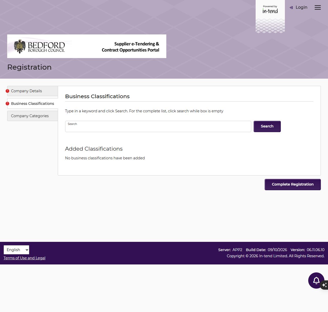 Bedford In-Tend Business Classifications tab with a search box and Added Classifications area