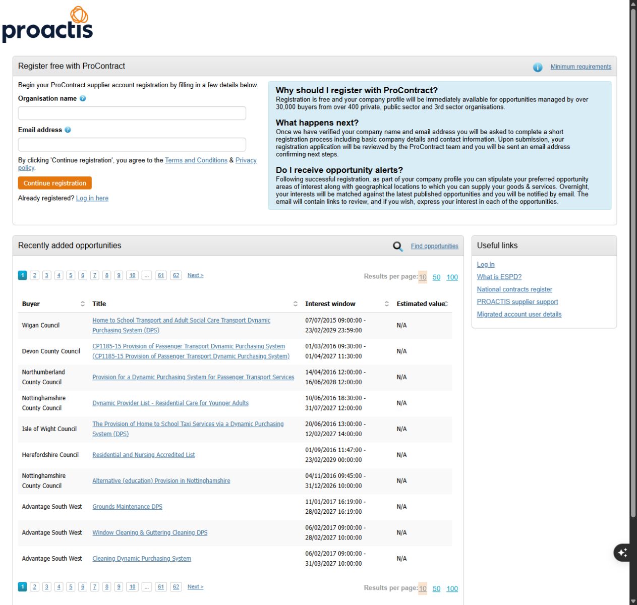 ProContract free registration page with blank Organisation name and Email address fields