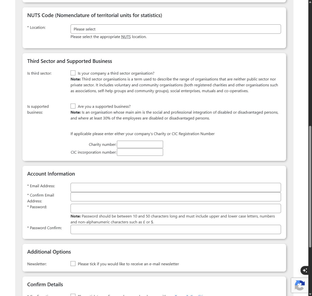 Public Contracts Scotland location and account information fields with its password requirements