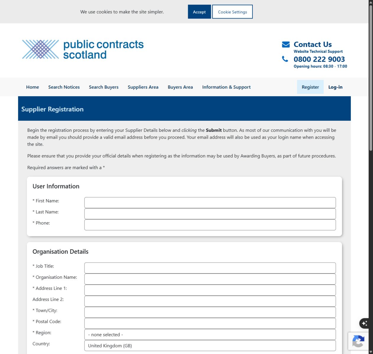 Public Contracts Scotland supplier registration form showing user and organisation details