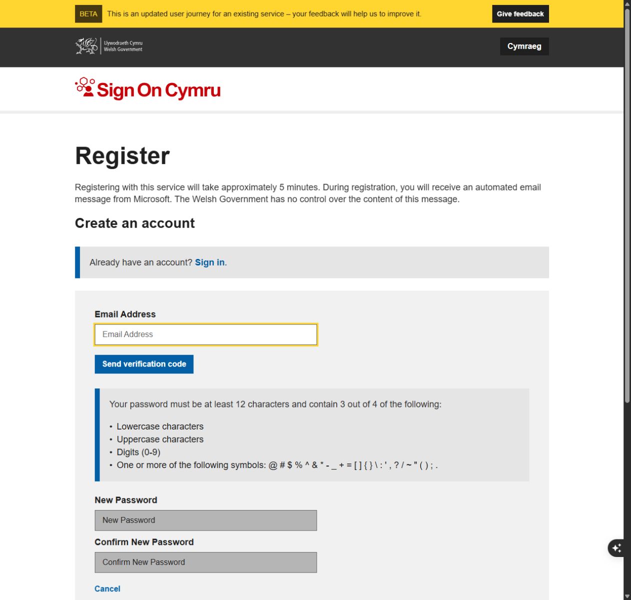 Sign On Cymru registration form with Email Address, Send verification code and password fields