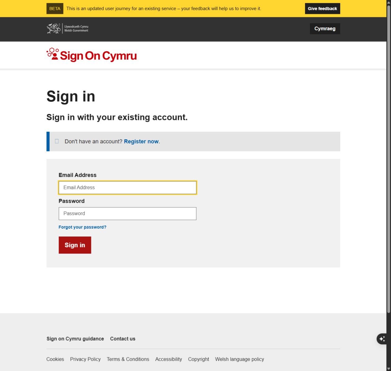 Sign On Cymru sign-in page reached from Sell2Wales, with a Register now link